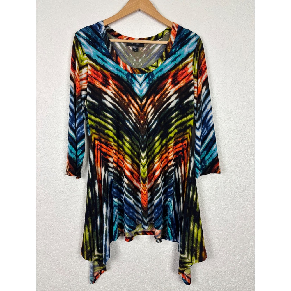 Karen Kane Womens Large Abstract Chevron Sharkbite Hem Tunic Top Multi-Color 3/4
